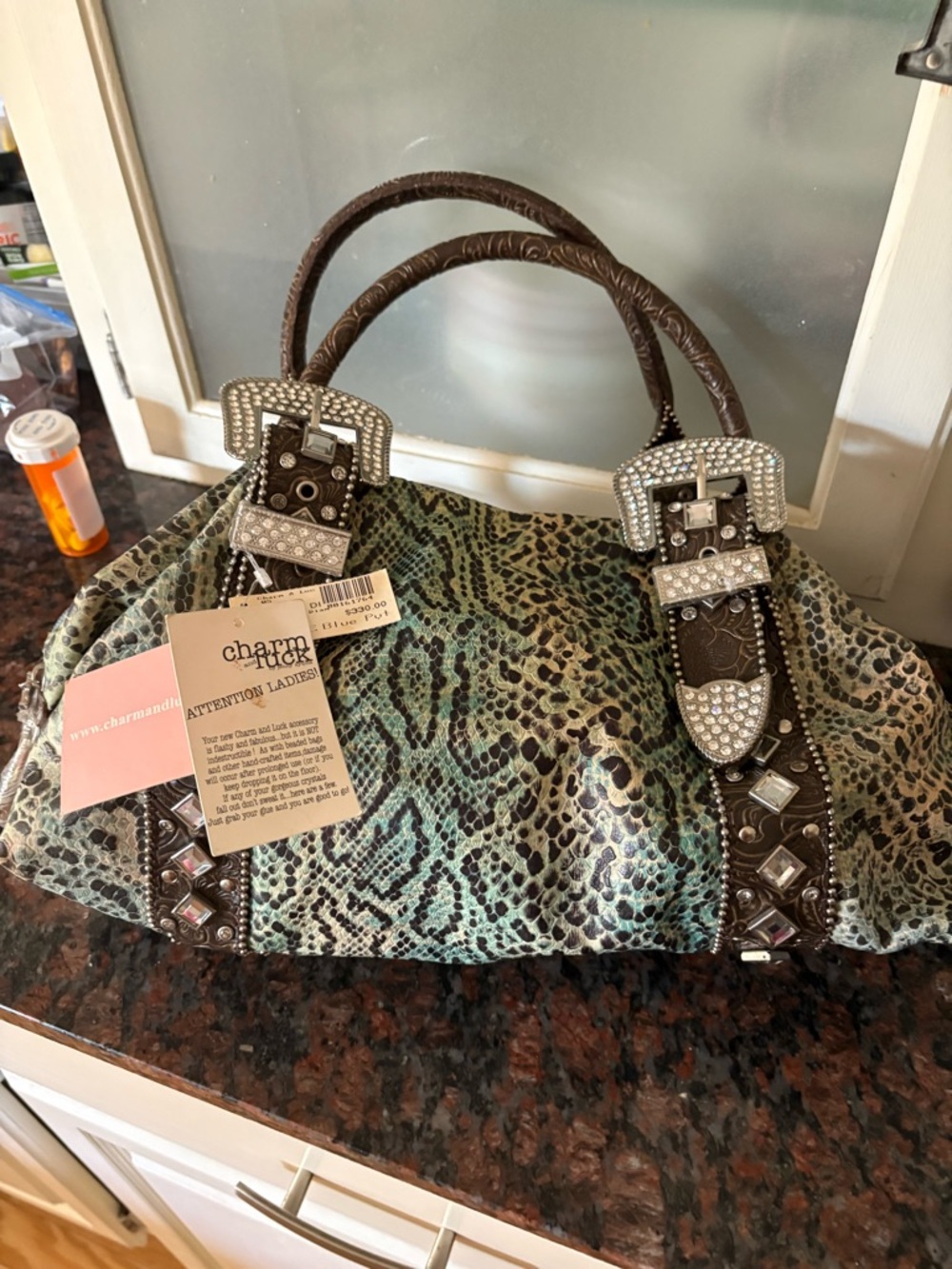 Charm Handbag Green Snake-Print Shoulder Bag with Rhinestone Buckle Details